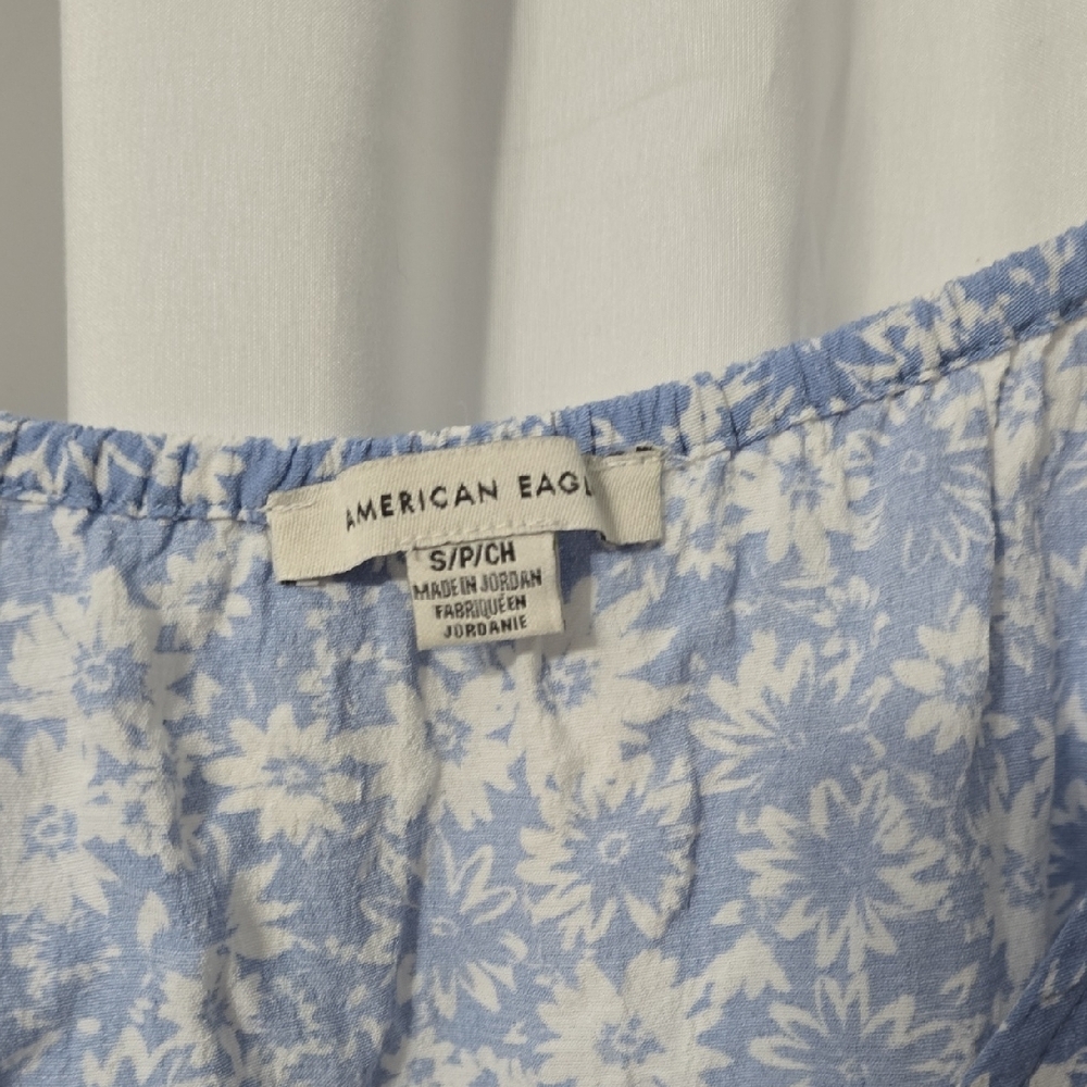 American‎ Eagle Outfitters Blue Floral Cropped Tie Front Off Shoulder Blouse - Picture 2 of 7
